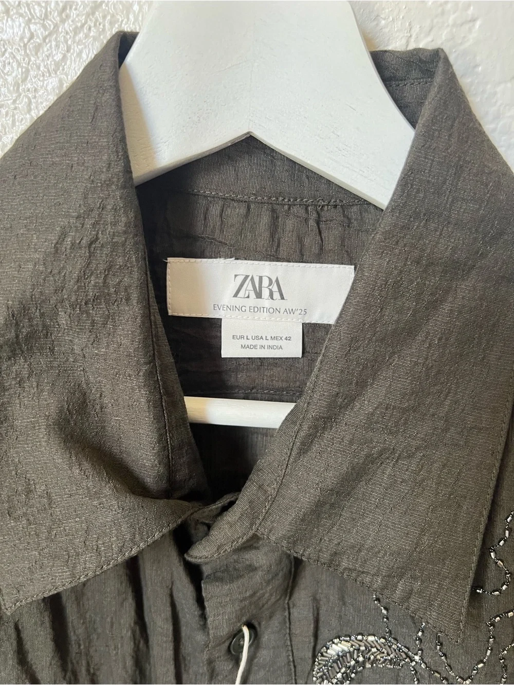 Zara Men Limited Edition Floral Beaded Embroidered Shirt NWT Gunmetal Green - Picture 8 of 11